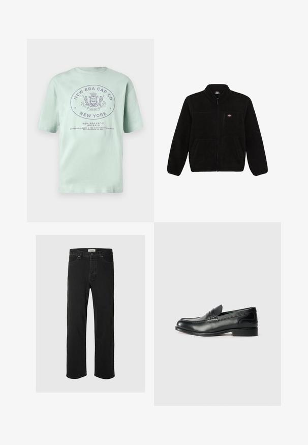 Črno flis jakno z zadrgo na sprednji strani, visokim ovratnikom in dvema sprednjima žepoma. Ima majhen logotip na zgornjem levem prsnem delu.; Minta zelena bombažna majica s kratkimi rokavi. Vsebuje krožni logotip v temnejšem purpurnem besedilu, ki navaja "New Era Cap Co" in "New York".; Črne usnjene naravne hlače imajo klasičen pet-žepni dizajn z gumbom za zapiranje, minimalnim šivanjem in mehkim občutkom.; Črni usnjeni loafersi z gladko površino, šivanim detajlom čez vamp in rahlo dvignjenim peto.