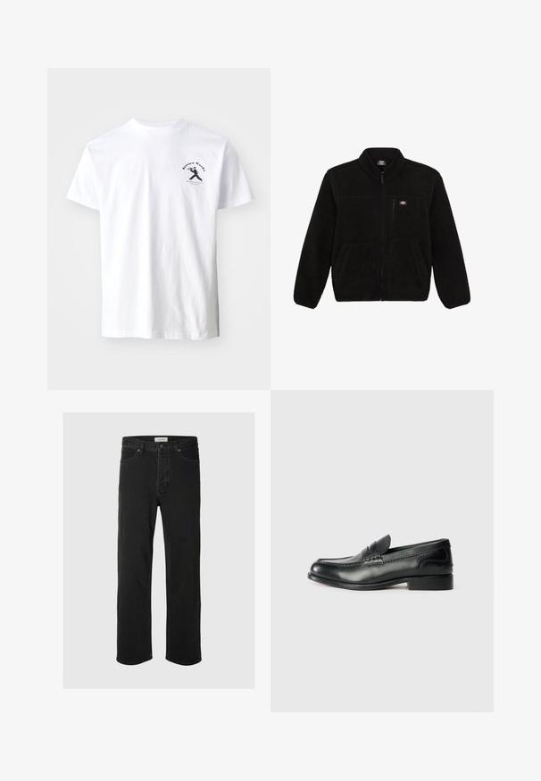 Black fleece jacket with a zippered front, high collar, and two front patch pockets. Features a small logo on the upper left chest.; White cotton t-shirt featuring a black graphic print of a figure and text "Service Works" on the left chest area. Short sleeves, crew neckline.; Black denim straight-leg jeans feature a classic five-pocket design with button closure, minimal stitching, and a soft texture.; Black leather loafers featuring a smooth finish, stitched detailing across the vamp, and a slightly raised heel.