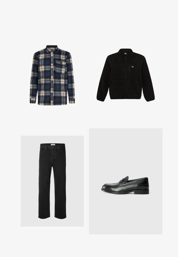 Černá fleecová bunda se zipem vpředu, vysokým límcem a dvěma předními náprsními kapsami. Obsahuje malé logo na horní levé části hrudi.; Károvaná flanelová košile v modré, černé a bílé; má zapínání na knoflíky, límec a náprsní kapsu s knoflíkovým detailem.; Černé džíny rovného střihu mají klasický design se pěti kapsami, zapínání na knoflík, minimální švy a jemnou texturu.; Černé kožené mokasíny s hladkým povrchem, prošívanými detaily na svršku a mírně zvýšeným podpatkem.