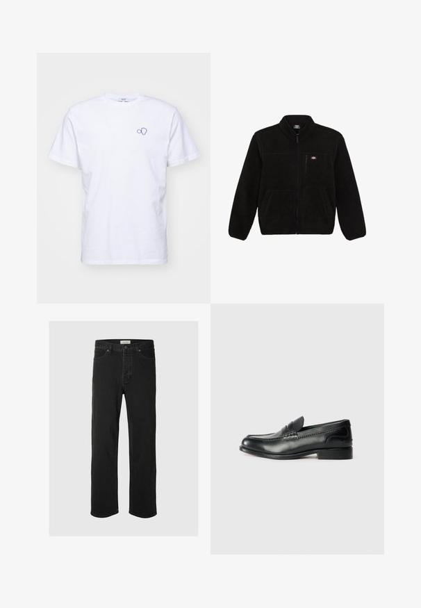 Musta fleece-takki, jossa on vetoketjullinen etuosa, korkea kaulus ja kaksi etupaneelin taskua. Takissa on pieni logo vasemmassa ylärinnassa.; Valkoinen puuvillahihaton t-paita, jossa on sininen brodeeraus vasemmassa rinnassa. Lyhyet hihat ja pyöreä kaula-aukko, jossa on normaali istuvuus.; Mustat farkut suoranlahkeiset, joissa on klassinen viisi taskua -design, nappisuljenta, minimaalinen ommel ja pehmeä tekstuuri.; Mustat nahka loafersit, joissa on sileä pinta, ommeltu yksityiskohta vampin yli ja hieman kohotettu korko.