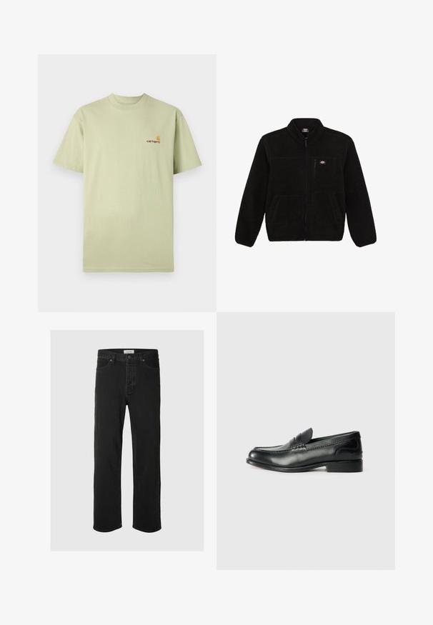 Zwarte fleecejack met een ritssluiting aan de voorkant, hoge kraag en twee voorzakken. Heeft een klein logo op de bovenste linkerborst.; Lichtgroene katoenen t-shirt met korte mouwen en een ronde hals. Voorzien van een klein oranje en rood logo op de bovenste linkerkant van de borst.; Zwarte denim rechte jeans hebben een klassiek vijf-pocket ontwerp met knoopsluiting, minimale stiksels en een zachte textuur.; Zwarte leren instappers met een gladde afwerking, gestikte details over de bovenkant en een licht verhoogde hak.