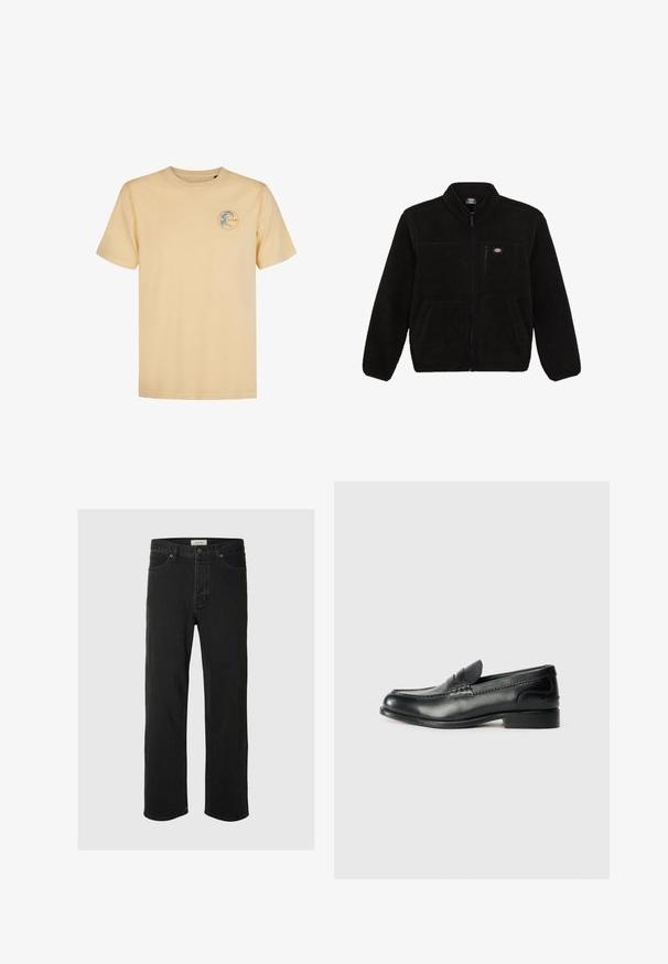 Mustan fliisi jakk, millel on tõmblukuga esiosa, kõrge krae ja kaks eesmist plaastritaskut. Esiküljel on väike logo vasakul rinnal.; Hele kollane puuvillane T-särk ümarate kaelustega. Vasakul rinnal on ringikujuline logo sinise ja oranži värviga. Lühikesed varrukad.; Mustad denim sirged püksid on varustatud klassikalise viie taskuga, nupuga kinnitamisega, minimaalse õmblusega ja pehme tekstuuriga.; Mustad mustad nahast loafers, mis on kaunistatud sileda viimistluse, õmblusdetailide ja veidi kõrgendatud kannaga.