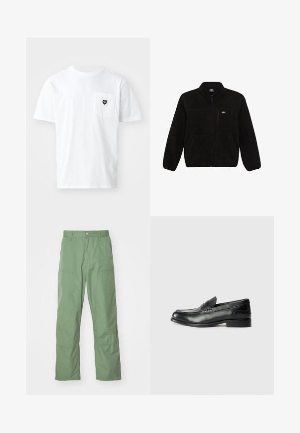 Musta fleece-takki, jossa on vetoketjullinen etuosa, korkea kaulus ja kaksi etupaneelin taskua. Takissa on pieni logo vasemmassa ylärinnassa.; Valkoinen puuvillapaita, jossa on pyöreä kaula-aukko ja lyhyet hihat. Paitaa koristaa pieni musta sydämenmuotoinen taskulogo. Yksinkertainen muotoilu, normaali istuvuus.; Vaaleanvihreät, rentoa istuvuutta omaavat housut, joissa on sileä pinta, sivutaskut ja näkyvät ompeluvedot. Täysimittaiset suoranlahkeiset mallit.; Mustat nahka loafersit, joissa on sileä pinta, ommeltu yksityiskohta vampin yli ja hieman kohotettu korko.