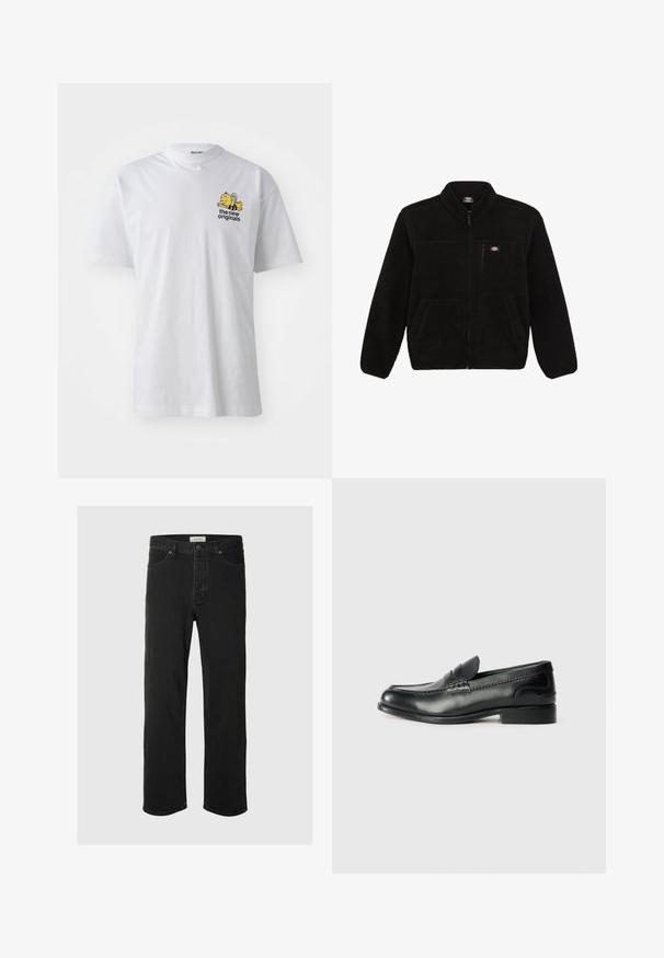 Juoda vilnonė striukė su užtrauktuku priekyje, aukštu kaklu ir dviem priekinėmis kišenėmis. Yra mažas logotipas ant kairiojo krūtinės šono.; Baltos medvilnės marškinėliai su trumpomis rankovėmis, apvaliu iškirpimu ir spalvingu siuvinėtu bičių ir teksto grafiku ant krūtinės.; Juodos džinsinės tiesaus silueto kelnės turi klasiką penkių kišenių dizainą su mygtukų uždarymu, minimaliais siūlais ir minkšta tekstūra.; Juodos odinės loafer tipo bateliai su lygiu paviršiumi, siuvinėjimu per priekį ir šiek tiek pakelta pakulne.