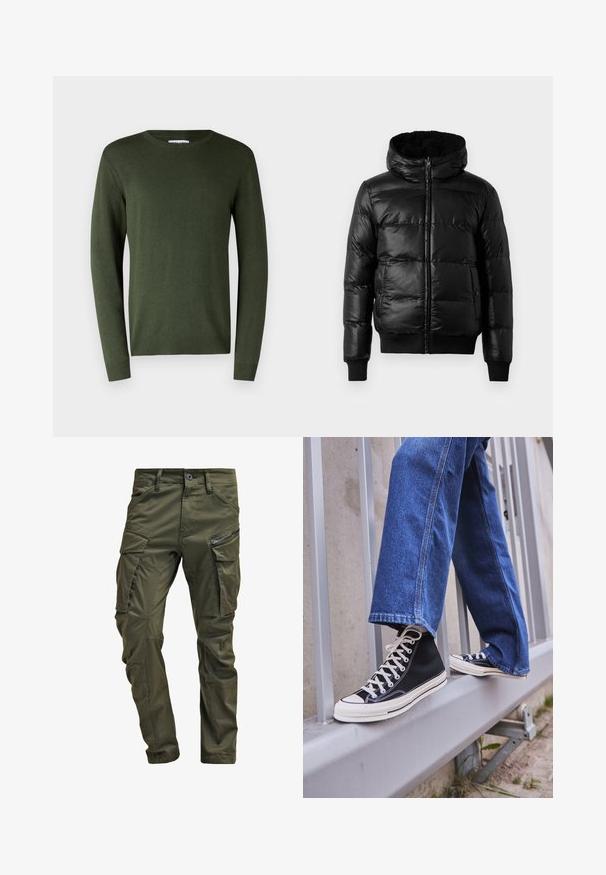 Zwarte pufferjack met een glanzende, gewatteerde buitenkant, een gevoerde capuchon en ribgebreide manchetten en zoom. Voorzien van een frontale ritssluiting.; Olivengroene, lichte trui met een ronde halslijn, lange mouwen en ribbelboorden en -zoom. Glad textuur en eenvoudig ontwerp.; Olijfgroene cargobroek gemaakt van stevig katoen. Beschikt over meerdere zakken, een met rits afgesloten zijzak en taps toelopende pijpen met een licht getextureerde afwerking.; Zwarte hoge sneakers met witte zool en veters, gecombineerd met losse blauwe denim jeans, rustend op een grijze leuning.