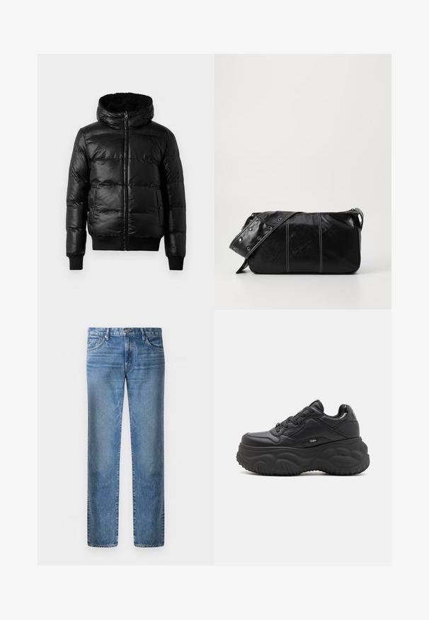 Czarna kurtka puchowa o błyszczącej, pikowanej powierzchni, z podszewką w kapturze oraz ściągaczami w mankietach i u dołu. Posiada zamek błyskawiczny z przodu.; Biała bawełniana koszulka z krótkim rękawem z dekoltem w serek, charakteryzująca się luźnym krojem i gładką, miękką teksturą. Brak wzorów i akcentów.; Jasnoniebieskie dżinsy, proste nogawki, pięć kieszeni, zapięcie na metalowy guzik, wyblakły wygląd z lekkim zużyciem z przodu.; Czarne trampki na platformie wykonane z materiału syntetycznego, o zaokrąglonym kształcie, z teksturowaną podeszwą i kontrastującymi sznurówkami. Logo po boku.; Czarna skórzana torba na ramię z zamkiem błyskawicznym, charakteryzująca się teksturowanym korpusem, białymi przeszyciami oraz paskiem z srebrnymi osłonkami.