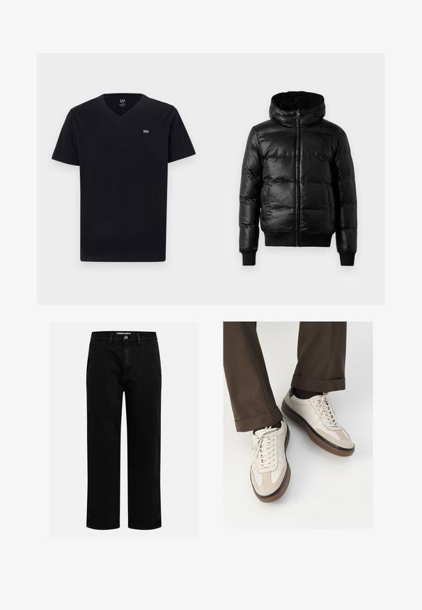 Chaquetón negro con un exterior brillante y acolchado, capucha forrada y puños y dobladillo acanalados. Presenta un cierre frontal con cremallera.; Camiseta de algodón negra con escote en V, mangas cortas y un pequeño logo bordado en blanco en el pecho izquierdo. Textura suave, corte clásico.; Pantalones de mezclilla negros con corte recto, diseño clásico de cinco bolsillos y cierre de botón en la cintura. Textura suave y tela duradera.; Zapatillas beige con un frente de ante texturizado, lados de cuero liso y suela de goma marrón. Incluyen cordones y un detalle de costura ligera.