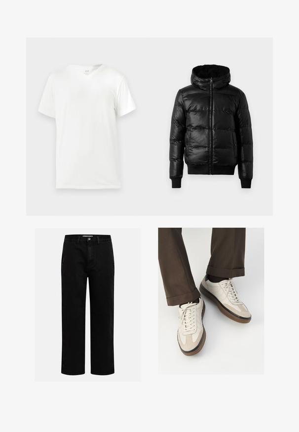 Zwarte pufferjack met een glanzende, gewatteerde buitenkant, een gevoerde capuchon en ribgebreide manchetten en zoom. Voorzien van een frontale ritssluiting.; Witte katoenen T-shirt met korte mouwen en V-hals, met een ontspannen pasvorm en een gladde, zachte textuur. Geen patronen of accenten aanwezig.; Zwarte denim broeken met een rechte pijp, klassieke vijf-pocket structuur en een knoopsluiting in de taille. Glad materiaal en duurzame stof.; Beige sneakers met een leren voorkant van textuur-suède, gladde leren zijkanten en een bruine rubberen zool. Veters en lichte stikseldetails inbegrepen.