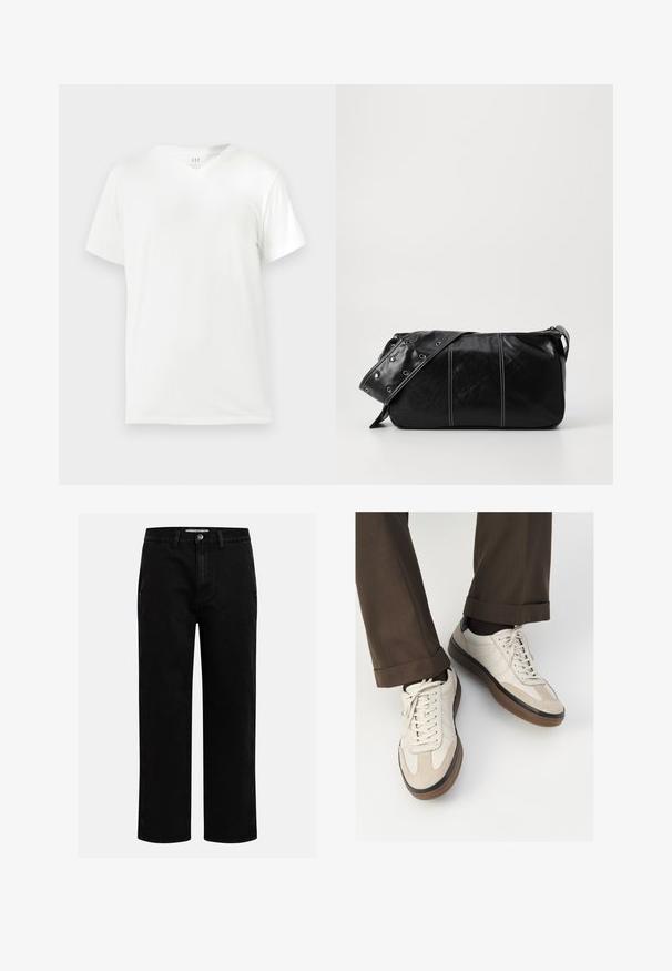 Chaquetón negro con un exterior brillante y acolchado, capucha forrada y puños y dobladillo acanalados. Presenta un cierre frontal con cremallera.; Camiseta de algodón blanca de manga corta con escote en V, que presenta un corte relajado y una textura suave y lisa. No tiene patrones ni detalles.; Pantalones de mezclilla negros con corte recto, diseño clásico de cinco bolsillos y cierre de botón en la cintura. Textura suave y tela duradera.; Zapatillas beige con un frente de ante texturizado, lados de cuero liso y suela de goma marrón. Incluyen cordones y un detalle de costura ligera.; Bolso de hombro de cuero negro con cierre de cremallera, que presenta un cuerpo texturizado, costuras blancas y una correa con ojales plateados.