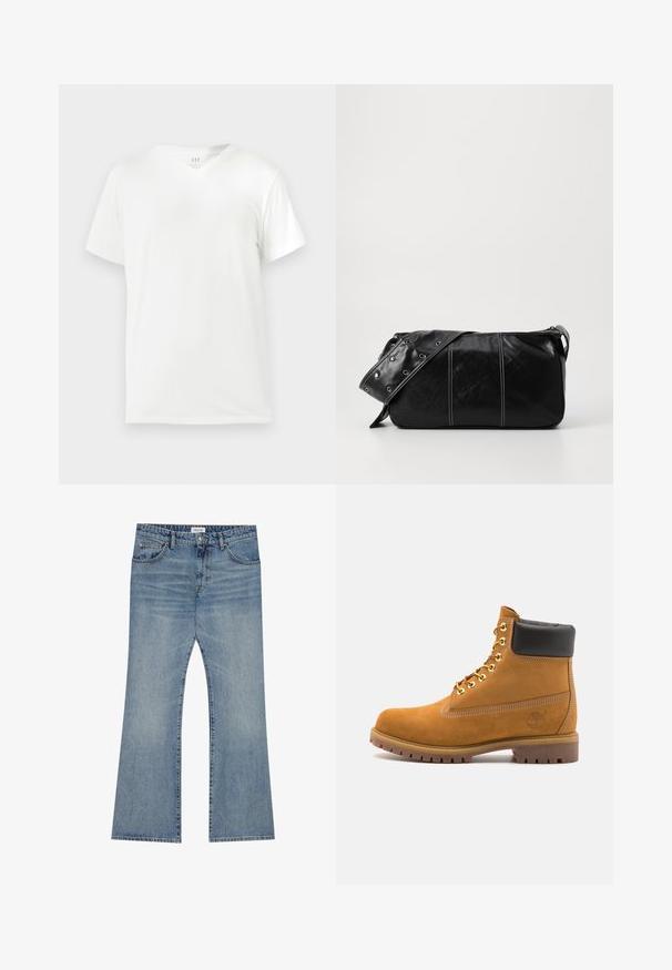 Svart boblejakke med en blank, quilted overflate, foret hette og ribbede mansjetter og nederkant. Har en glidelås stenge foran.; Hvite bomulls T-skjorte med kort erm og V-hals, med en avslappet passform og glatt, myk tekstur. Ingen mønstre eller detaljer til stede.; Lys blå denimjeans med flagrende ben, med en klassisk fem-lomme stil og en knappelukking i midjen.; Beige semskede ankelstøvel med svart polstret krage, gullmetalløyer, hvite sømdetaljer og robust gummisåle med påfallende mønster.; Svart lær skulderveske med glidelås, med teksturert overflate, hvite sømmer og en stropp med sølvringer.