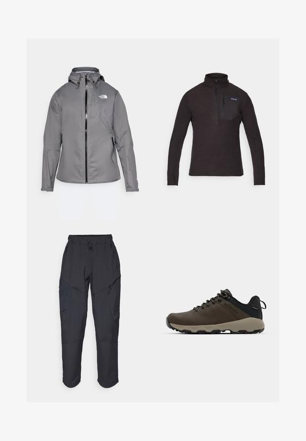 Gray waterproof jacket with a hood, front zipper, logo on the upper left chest, and elastic cuffs. Smooth, lightweight fabric.; Black fleece pullover with a high collar, half-zip front, and a zippered chest pocket. Features a textured pattern and long sleeves.; Black cargo pants made from a lightweight, water-resistant material; features elastic waistband, multiple zippered pockets, and tapered legs.; Brown waterproof sneakers with a textured upper, perforated accents, black heel support, and a grey rubber sole. Laces are styled with metallic ends.