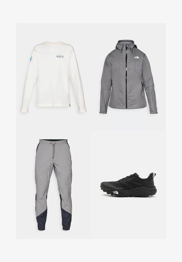 Gray waterproof jacket with a hood, front zipper, logo on the upper left chest, and elastic cuffs. Smooth, lightweight fabric.; White long-sleeve shirt made of soft cotton, featuring a multicolored Patagonia logo on the chest and a circular logo on the sleeve.; Lightweight, gray athletic pants with black accents. Elastic waistband, drawstring closure, tapered leg design, and side pockets.; Black trail running shoe with a textured upper, rubber sole, and reinforced toe cap. Features a padded collar and pull tab for easy wear.