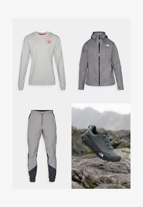 Szara wodoodporna kurtka z kapturem, zamkiem z przodu, logo na górnej lewej piersi oraz elastycznymi mankietami. Gładki, lekki materiał.; Szary sweter z okrągłym dekoltem wykonany z tkaniny mieszanej bawełnianej, z czerwonym okrągłym logo na klatce piersiowej oraz ściągaczami na rękawach i dole.; Lekki, szare spodnie sportowe z czarnymi akcentami. Elastyczny pas, zapięcie na sznurek, zwężający się krój nogawek oraz boczne kieszenie.; Szare buty do biegania w terenie z teksturową cholewką, trwałą gumową podeszwą i wzmocnionym noskiem. Posiadają sznurowadła oraz logo marki z boku.