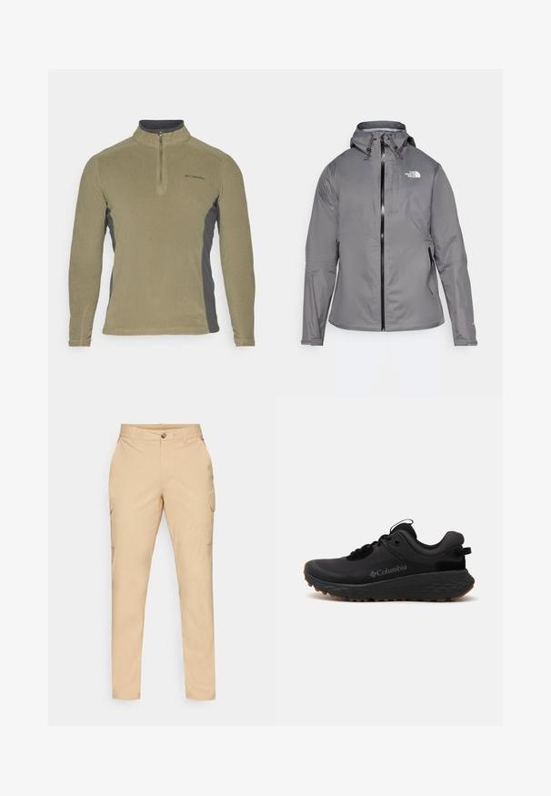 Pilkas vandeniui atsparus paltas su kapišonu, priekiniais užtrauktukais, logotipu kairiajame krūtinės viršuje ir elastinėmis rankovėmis. Lygus, lengvas audinys.; Olivinės žaliavos vilnos megztinis su tamsiai pilkais šonų intarpais, apskritu kaklu ir priekiniais užtrauktukais. Ant krūtinės yra mažas logotipas.; Šviesiai rudos spalvos cargo kelnės su užsegimu, lieknu siluetu, šoninėmis kišenėmis ir glotnia medvilnės mišinio medžiaga. Nėra matomų raštų ar akcentų.; Juoda Kolumbijos sportinė avalynė su tekstūruotu paviršiumi, paminkštintu apykakle ir guminėmis padais, kurių paviršiuje yra išskirtinė struktūra sukibimui.