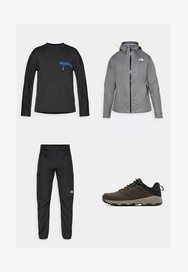 Hallhalli veekindel jakk kapuutsiga, esipöördel lukuga, logo vasakul ülemisel rinnal ja elastsete mansettidega. Sujuv, kerge kangas.; Must have siniseedega must särk, millel on ümar kaelus, sinise horisontaalse tasku aktsent ja tekstureeritud kangas. Lihtne disain ilma mustriteta.; The North Face HORIZON PANT - Õuepüksid - black; Kohandatud veekindlad pruunid spordijalatsid tekstuuriga pealisega, perforatsioonidega detailid, must kandetoetav osa ja hall kummine sisetald. Paelad on metallist otstega.