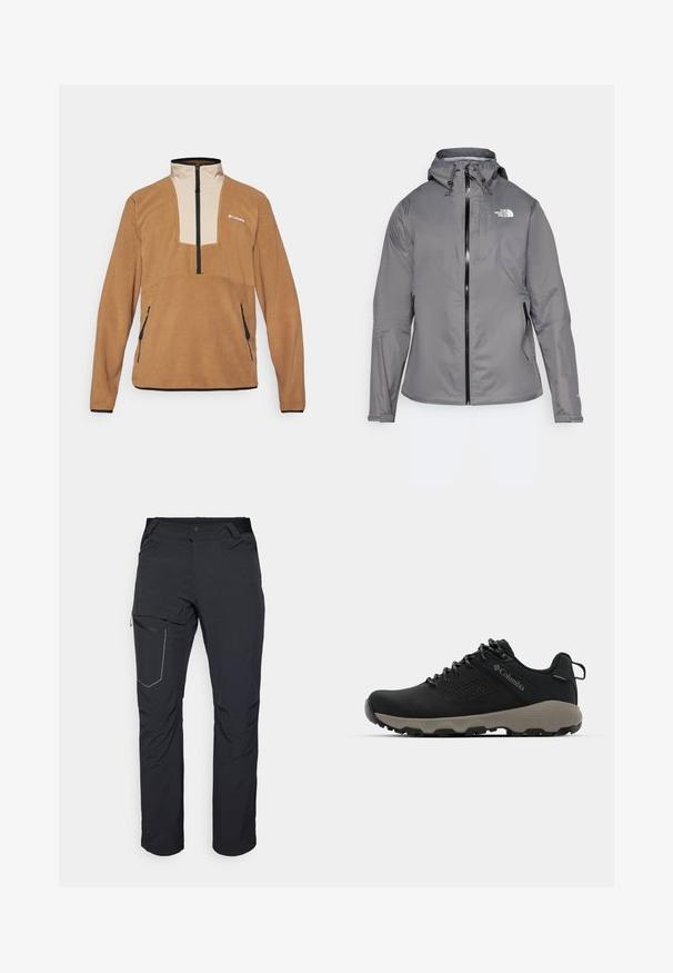 Szürke vízálló kabát kapucnival, elülső cipzárral, logóval a bal felső mellen és elasztikus mandzsettákkal. Simább, könnyű anyag.; Columbia SEQUOIA GROVE™ HALF ZIP - Polárpulóver - delta/ancient fossil/black; Fekete kültéri nadrág, cipzáras combzsebbel, rugalmas derékrésszel és sima, vízlepergető szövettel. Tiszta dizájn, látható logók nélkül.; Fekete túrabakancs sima felsőrésszel, perforált dizájnnal, szürke talppal és megerősített sarkal. Fűzővel és húzószalaggal van ellátva a könnyű felvétel érdekében.