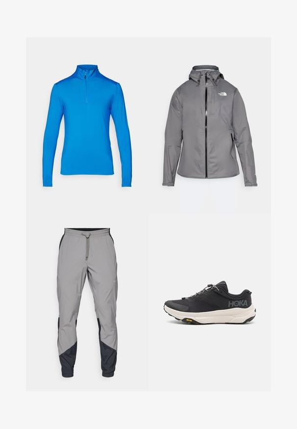 Gray waterproof jacket with a hood, front zipper, logo on the upper left chest, and elastic cuffs. Smooth, lightweight fabric.; Long-sleeve, half-zip blue athletic shirt made of smooth, lightweight fabric; features a high collar and flat seams.; Lightweight, gray athletic pants with black accents. Elastic waistband, drawstring closure, tapered leg design, and side pockets.; Black athletic shoe with a textured upper, grey accents, reflective details, and a thick white sole featuring Vibram branding.