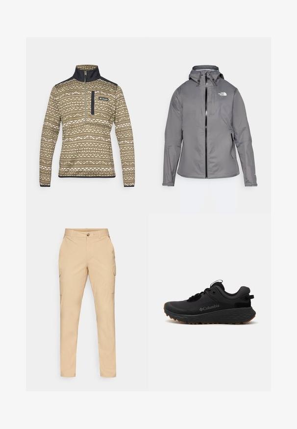 Γκρι αδιάβροχο μπουφάν με κουκούλα, μπροστινό φερμουάρ, λογότυπο στο επάνω αριστερό μέρος της θήκης και ελαστικούς καρπούς. Ομαλός, ελαφρύς ύφασμα.; Καφέ ζιπ ζακέτα με γεωμετρικό μοτίβο σε κρεμ, με ψηλό γιακά και ναυτικές λεπτομέρειες στους ώμους και στην τσέπη του στήθους.; Μπέζ cargo παντελόνια με κλείσιμο μπούκλας, ξεκούραστη εφαρμογή, πλαϊνές τσέπες και μαλακό ύφασμα από βαμβακερό μείγμα. Χωρίς ορατά σχέδια ή διακοσμητικά.; Μαύρο αθλητικό παπούτσι Columbia με υφή στην επιφάνεια, μαλακή επένδυση στον λαιμό και καουτσούκ σόλα με ξεχωριστό σχέδιο για πρόσφυση.