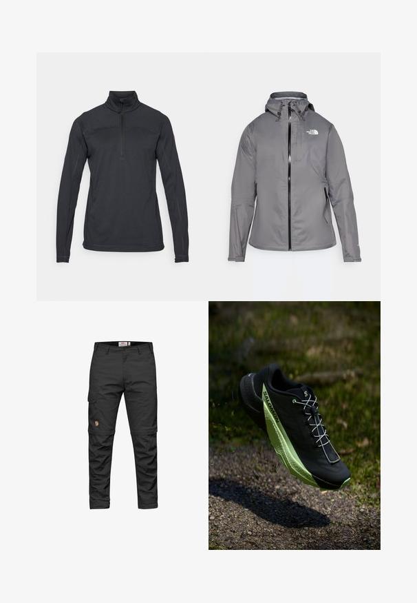 Hallhalli veekindel jakk kapuutsiga, esipöördel lukuga, logo vasakul ülemisel rinnal ja elastsete mansettidega. Sujuv, kerge kangas.; Must mustega pehme kangaga, pooltõmbe kurguga, pikad varrukad ja tugevduskonstruktsioon. Särgile on lisatud ka logo aktsent varrukal.; Fjällräven KARL PRO ZIP OFF TROUSERS M - Püksid - dunkelgrau (229); Mustad must jooksujalats musta värviga, millel on tekstuuriga pind ja rohelised detailid. Omab kerget disaini ja unikaalset mustrit põrandal, mis tagab haarde.
