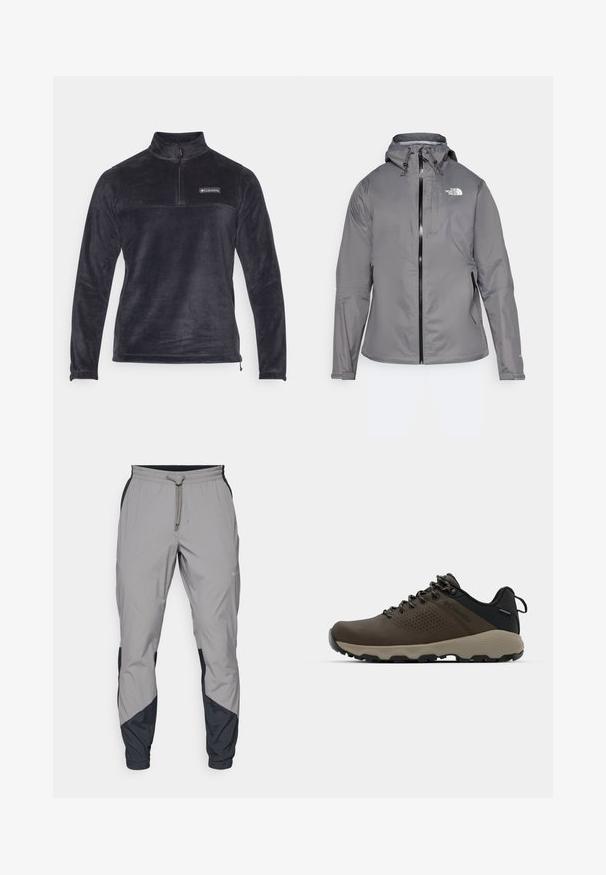 Hallhalli veekindel jakk kapuutsiga, esipöördel lukuga, logo vasakul ülemisel rinnal ja elastsete mansettidega. Sujuv, kerge kangas.; Must dżemper, millel on poolvetti kaelus, pikad varrukad ja logo rinnal. Pehme tekstuur ja ilma õmblemisteta disain.; Kergedatud hallid sportlikud püksid mustade aktsentidega. Elastne vöökoht, stringiga sulgemine, kitsenev jala disain ja küljetaskud.; Kohandatud veekindlad pruunid spordijalatsid tekstuuriga pealisega, perforatsioonidega detailid, must kandetoetav osa ja hall kummine sisetald. Paelad on metallist otstega.