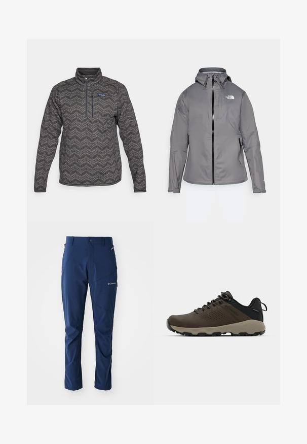 Casaco cinza à prova d'água com capuz, fecho de correr frontal, logótipo no lado esquerdo do peito e punhos elásticos. Tecido suave e leve.; Pulôver de fleece Patagonia em cinza escuro com padrão em zigzag, frente com fecho de meio-zíper, gola alta e bolso no peito. Tecido texturizado com bainha em contraste.; Columbia COLUMBIA TECH™ PANT - Calças para exterior - collegiate navy; Ténis impermeáveis castanhos com um upper texturizado, detalhes perfurados, apoio para o calcanhar preto e uma sola de borracha cinza. Os atacadores têm extremidades metálicas.
