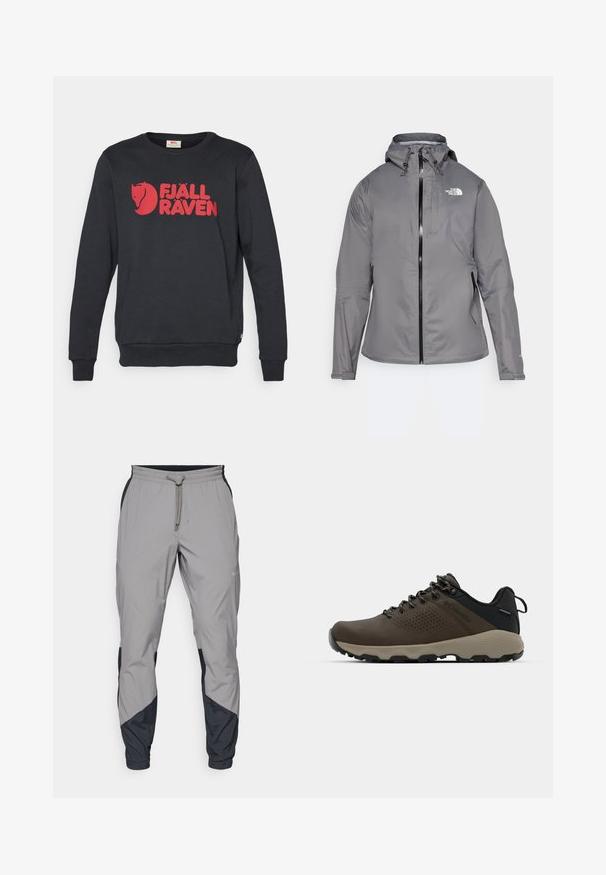 Šedá nepromokavá bunda s kapucí, předním zipem, logem na levé horní části hrudníku a elastickými manžetami. Hladká, lehká tkanina.; Černá mikina vyrobená z bavlny, s výrazným červeným logem a grafikou. Design obsahuje dlouhé rukávy a kulatý výstřih.; Lehké šedé sportovní kalhoty s černými detaily. Elastický pas, stahovací šňůrka, tapered nohavice a boční kapsy.; Hnědé nepromokavé sneakers s texturovaným svrškem, perforovanými detaily, černým oporou paty a šedou gumovou podrážkou. Šňůrky mají kovové konce.
