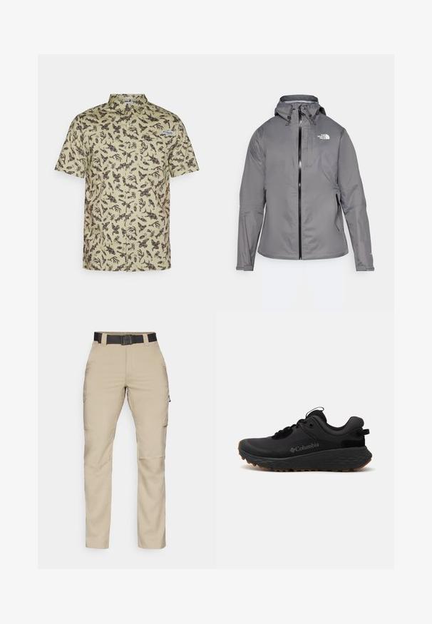 Šedá nepromokavá bunda s kapucí, předním zipem, logem na levé horní části hrudníku a elastickými manžetami. Hladká, lehká tkanina.; Košile s krátkým rukávem v světle zelené bavlně s tmavě hnědým abstraktním vzorem, s náprsní kapsou a límcem.; Beige cargo kalhoty s několika kapsami, černým nastavitelným pásem a rovnou nohavicovou konstrukcí. Vyrobeny z lehkého a odolného materiálu.; Černá sportovní obuv Columbia s texturovaným povrchem, polstrovaným límcem a gumovou podrážkou se specifickým vzorem pro lepší trakci.