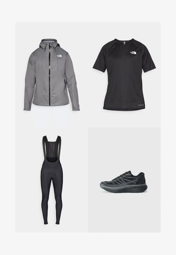 Giacca impermeabile grigia con cappuccio, zip frontale, logo sul lato sinistro del petto e polsini elasticizzati. Tessuto liscio e leggero.; Maglietta sportiva nera a maniche corte con tessuto testurizzato, caratterizzata da un logo bianco sul lato sinistro del petto e orlo dritto.; Tute in lycra neri con bretelle, caratterizzati da un pannello posteriore in rete e un'area imbottita per la seduta, per il massimo comfort durante le pedalate.; Pier One Sport Sneakers basse - black