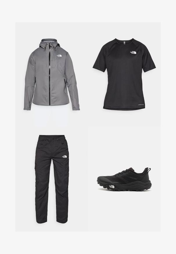 Jachetă impermeabilă gri cu glugă, fermoar frontal, logo pe partea stângă sus a pieptului și manșete elastice. Țesătură netedă, ușoară.; Tricou athletic scurt, de culoare neagră, cu un material texturat, având un logo alb pe partea stângă a pieptului și un tiv drept.; Pantaloni cargo negri, confecționați dintr-un material ușor. Prezintă buzunare laterale cu fermoar și un logo pe coapsa stângă. Design cu picioare drepte.; Pantofii de alergare pe teren accidentat, de culoare neagră, cu un superior texturat, talpă din cauciuc și vârf întărit. Prezintă un guler căptușit și o bandă de prindere pentru îmbrăcare ușoară.