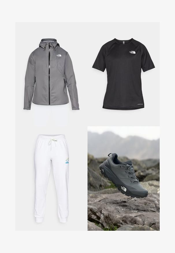 Szürke vízálló kabát kapucnival, elülső cipzárral, logóval a bal felső mellen és elasztikus mandzsettákkal. Simább, könnyű anyag.; Fekete, rövid ujjú sportpóló struktúrált anyagból, bal mellen fehér logóval és egyenes aljjal.; Fehér pamut melegítőnadrág rugalmas derékpánttal, állítható zsinórral, és kék és szivárvány színű logó részlettel a bal combon.; Szürke terepfutó cipő, texturált felsőrésszel, tartós gumitalppal és megerősített orr résszel. Fekete fűzők és márka logó a cipő oldalán.