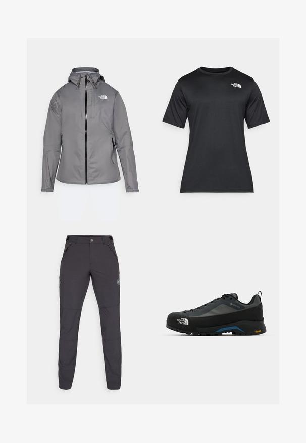 Pilkas vandeniui atsparus paltas su kapišonu, priekiniais užtrauktukais, logotipu kairiajame krūtinės viršuje ir elastinėmis rankovėmis. Lygus, lengvas audinys.; Juoda trumpų rankovių marškinėliai, pagaminti iš lengvos, drėgmę praleidžiančios medžiagos. Viršuje kairėje krūtinės pusėje yra balta logotipo etiketė, o apykaklė yra klasikinio stiliaus.; Tamsiai pilkos lauko kelnės su siauru kirpimu, pagamintos iš elastingos medžiagos. Turi tris užtrauktukais uždaromas kišenes ir logotipo detalę.; The North Face VERTO ALPINE GORE TEX - Turistiniai batai - asphalt grey/tnf black