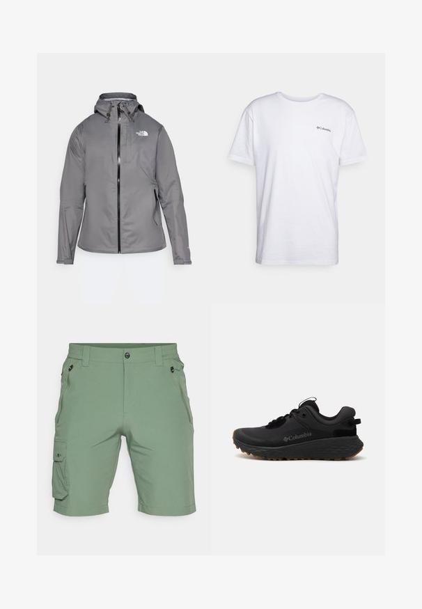 Grå vattentät jacka med huva, framzipper, logotyp på övre vänstra bröstet och elastiska manschetter. Slät, lättviktig tyg.; Vit bomull t-shirt med korta ärmar, rund halsringning och en liten svart Columbia-logga tryckt på bröstet. Slät textur.; Gröna cargoshorts i lätt tyg, med knäppning, elastisk midja, sidofickor och en cargoficka på benet.; Svart Columbia träningsskor med en texturerad yta, vadderad krage och gummisulor med ett distinkt mönster för grepp.