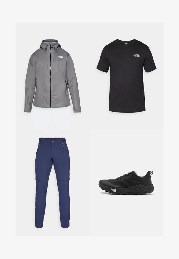 Siva vodootporna jakna s kapuljačom, prednjim zatvaračem, logotipom na gornjoj lijevoj strani prsnog koša i elastičnim manžetama. Glatka, lagana tkanina.; Crna majica kratkih rukava od pamuka, s okruglim izrezom i malim bijelim logotipom na gornjem lijevom dijelu prsnog koša.; Mornarske hlače za vanjske aktivnosti izrađene od rastezljivog materijala, s patentnim zatvaračima na džepovima, podesivim manžetama i bočnim džepom za teret.; Crne trail trkačke cipele s teksturiranim gornjim dijelom, gumeni potplat i ojačana zaštita za prste. Imaju podstavljen ovratnik i trakicu za lakše obuvanje.