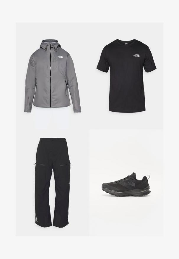 Pilkas vandeniui atsparus paltas su kapišonu, priekiniais užtrauktukais, logotipu kairiajame krūtinės viršuje ir elastinėmis rankovėmis. Lygus, lengvas audinys.; Juodas trumpas rankovės marškinėliai, pagaminti iš medvilnės, su apvaliu kaklu ir mažu baltu logotipu viršutiniame kairiajame krūtinės kampe.; Oakley TNP LINED SHELL PANT 2.0 - Snieglenčių sporto kelnės - blackout; Juodos sportinės bateliai su tinklelio viršumi, guminiais padu ir paminkštintu apykakle. Yra raišteliai, logotipas šone ir tekstūruotas dizainas.