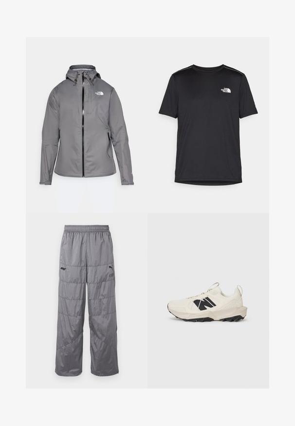 Siva vodootporna jakna s kapuljačom, prednjim zatvaračem, logotipom na gornjoj lijevoj strani prsnog koša i elastičnim manžetama. Glatka, lagana tkanina.; Crna majica kratkih rukava izrađena od lagane tkanine. Ima mali bijeli logo na lijevoj strani grudi i suptilne naglaske na ramenima.; Sive hlače od pufinga s elastičnim pojasom, s ušivenim dizajnerskim linijama i malim crnim logom na lijevom bedro. Lagan materijal.; Svijetlosmeđi tenisice s gornjim dijelom od mrežastog materijala, crnim logom i teksturiranom potplatom. Naglašene geometrijskim uzorkom na srednjem potplatu.