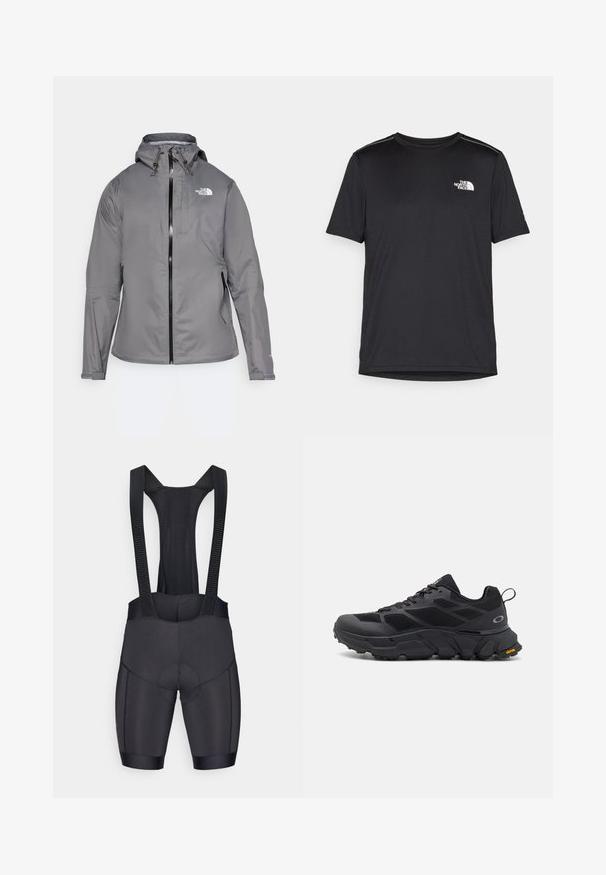 Pilkas vandeniui atsparus paltas su kapišonu, priekiniais užtrauktukais, logotipu kairiajame krūtinės viršuje ir elastinėmis rankovėmis. Lygus, lengvas audinys.; Juodas trumpas rankovės marškinėliai, pagaminti iš lengvos medžiagos. Yra mažas baltas logotipas kairiajame krūtinės pusėje ir subtilūs pečių akcentai.; Juodos dviratininkų šortai, pagaminti iš elastingos medžiagos, su reguliuojamomis petnešomis, paminkštinta sėdyne ir lygiu, prigludusiu dizainu bei plokščiais siūlais.; Juodi sportiniai batai su storu padu, tinklinėmis ir sintetinėmis medžiagomis, tekstūruotais akcentais ir Vibram prekės ženklu ant pado.