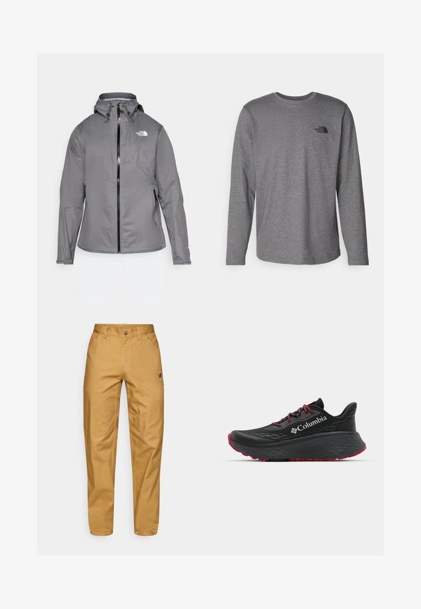 Grau wasserdichte Jacke mit Kapuze, vorderem Reißverschluss, Logo auf der oberen linken Brust und elastischen Bündchen. Glattes, leichtes Material.; The North Face M L/S SIMPLE DOME TEE - Langarmshirt - medium grey heather; Beige Arbeitshose für Männer mit Fronttaschen, Gürtelschlaufen, einem Knopfverschluss und einem kleinen runden Logo am rechten Oberschenkel.; Schwarzer Sportschuh mit strukturiertem Obermaterial, roten Schnürsenkeln und Logo. Dicke Sohle mit strukturiertem Profil für Traktion. Minimalistisches Design, Seitenansicht.