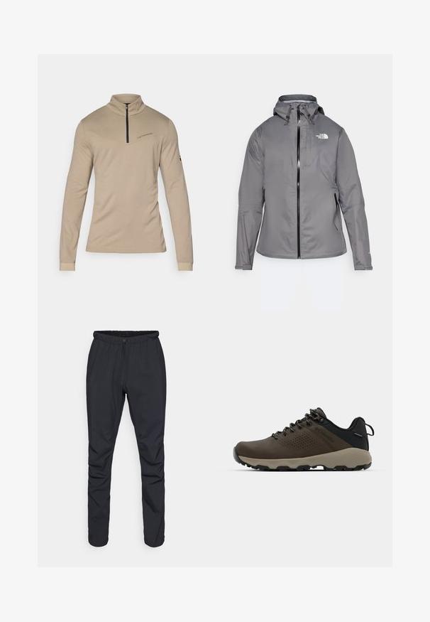 Grijze waterdichte jas met capuchon, vooraan met rits, logo op de bovenste linkerkant van de borst en elastische manchetten. Glad, lichtgewicht materiaal.; Beige langärmelige blouse met een hoge kraag en een halve rits. Kenmerkt zich door een diagonale naad en subtiele branding op de borst. Glad textuur.; Zwarte lichtgewicht broek met een elastische tailleband, trekkoorden en taps toelopende benen. Gemaakt van waterafstotend materiaal met een gladde textuur.; Bruine waterdichte sneakers met een gestructureerde bovenkant, geperforeerde accenten, zwarte hielsteun en een grijze rubberen zool. De veters zijn voorzien van metalen uiteinden.