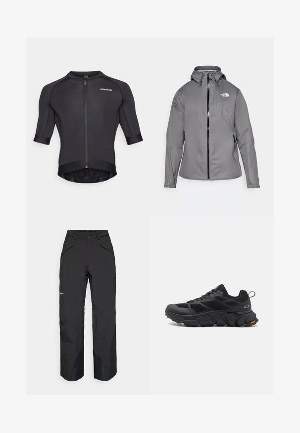 Pilkas vandeniui atsparus paltas su kapišonu, priekiniais užtrauktukais, logotipu kairiajame krūtinės viršuje ir elastinėmis rankovėmis. Lygus, lengvas audinys.; Juodas dviračių marškinėliai su trumpomis rankovėmis, užtrauktuku priekyje ir GripGrab logotipu. Dėl savo elegantiško dizaino ir sklandžios tekstūros puikiai tinka sportinei veiklai.; Juodos vandeniui atsparios kelnės su tiesiu kirpimu, su siūtomis kišenėmis, sustiprintu apačios akcentu ir glotniu paviršiumi.; Juodi sportiniai batai su storu padu, tinklinėmis ir sintetinėmis medžiagomis, tekstūruotais akcentais ir Vibram prekės ženklu ant pado.