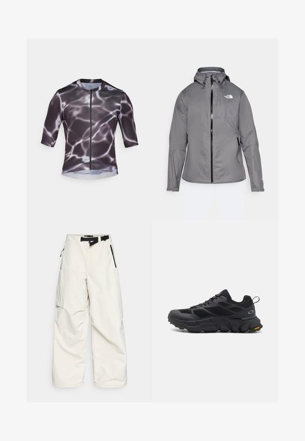 Γκρι αδιάβροχο μπουφάν με κουκούλα, μπροστινό φερμουάρ, λογότυπο στο επάνω αριστερό μέρος της θήκης και ελαστικούς καρπούς. Ομαλός, ελαφρύς ύφασμα.; Κοντομάνικη μπλούζα ποδηλασίας σε μαύρο και γκρι χρώμα με σχέδιο νερού, διαθέτει μπροστινό φερμουάρ και ομαλό, ελαστικό ύφασμα.; Λευκά cargo παντελόνια κατασκευασμένα από ύφασμα ανθεκτικό στο νερό, με ζωνάκι στη μέση, πλαϊνές τσέπες με φερμουάρ και φαρδιά, χαλαρή γραμμή.; Μαύρα αθλητικά παπούτσια με χοντρή σόλα, επάνω μέρος από διχτυωτό και συνθετικό υλικό, υφιστάμενες λεπτομέρειες και σήμανση Vibram στη σόλα.