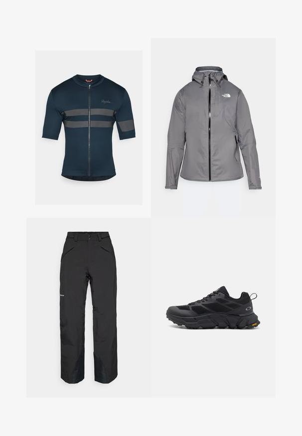 Giacca impermeabile grigia con cappuccio, zip frontale, logo sul lato sinistro del petto e polsini elasticizzati. Tessuto liscio e leggero.; Maglietta da ciclismo a maniche corte di colore blu navy. Presenta strisce grigio scuro a contrasto e una cerniera completa. Realizzata in un tessuto leggero e traspirante.; Pantaloni impermeabili neri con taglio dritto, dotati di tasche con zip, accenti di orlo rinforzati e una finitura liscia.; Scarpe sportive nere con suola spessa, tomaia in rete e materiale sintetico, dettagli testurizzati e marchio Vibram sulla suola.