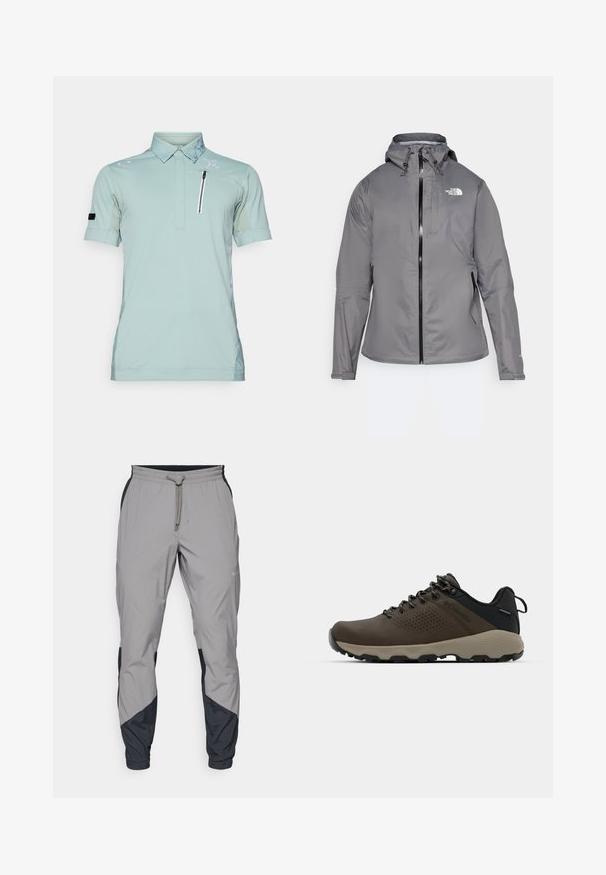 Grå vattentät jacka med huva, framzipper, logotyp på övre vänstra bröstet och elastiska manschetter. Slät, lättviktig tyg.; Ljusgrön polo t-shirt med en dragkedjeficka, mönstrad krage, korta ärmar och logotyp på axeln, tillverkad av ett andningsbart material.; Lätta, grå träningsbyxor med svarta detaljer. Elastisk midja, dragsko stängning, tapered design och sidofickor.; Bruna vattentåliga sneakers med en strukturerad ovandel, perforerade detaljer, svart hälstöd och en grå gummisula. Snörningen har metalliska ändar.