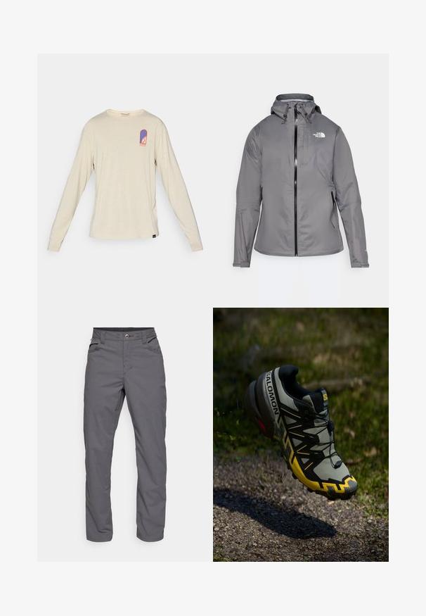 Siva vodoodporna jakna s kapuco, sprednji zadrgo, logotip na zgornjem levem prsnem delu in elastičnimi manšetami. Gladek, lahek material.; Bežna majica z dolgimi rokavi Patagonia s kompaktnim modrim in rdečim logotipom na zgornjem levem prsnem delu, ki vključuje stilizirano zasnovo in besedilo.; Sive, ravne hlače iz lahkotnega materiala. Imajo dva sprednja žepa in zadrgo s gumbom. Gladka tekstura.; Salomon teka za trail tek v stisnjenem sivo odtenku z svetlo rumenimi detajli. Ima teksturirano podplat, varen sistem zavezovanja in oblazinjeno ovratnik.