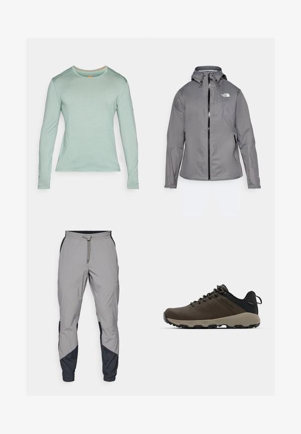 Pilkas vandeniui atsparus paltas su kapišonu, priekiniais užtrauktukais, logotipu kairiajame krūtinės viršuje ir elastinėmis rankovėmis. Lygus, lengvas audinys.; icebreaker MEN CREWE - Ilgarankovis viršutinės dalies drabužis - moss; Lengvas, pilkos sportinės kelnės su juodais akcentais. Elastingas juosmuo, raišteliu užsegimas, siaurėjantis kojų dizainas ir šoninės kišenės.; Rudi nepralaidūs sportbačiai su tekstūruota viršutine dalimi, perforuotomis detalėmis, juodu kulno palaikymu ir pilku guminio padu. Šniūreliai yra dekoruoti metaliniais galais.