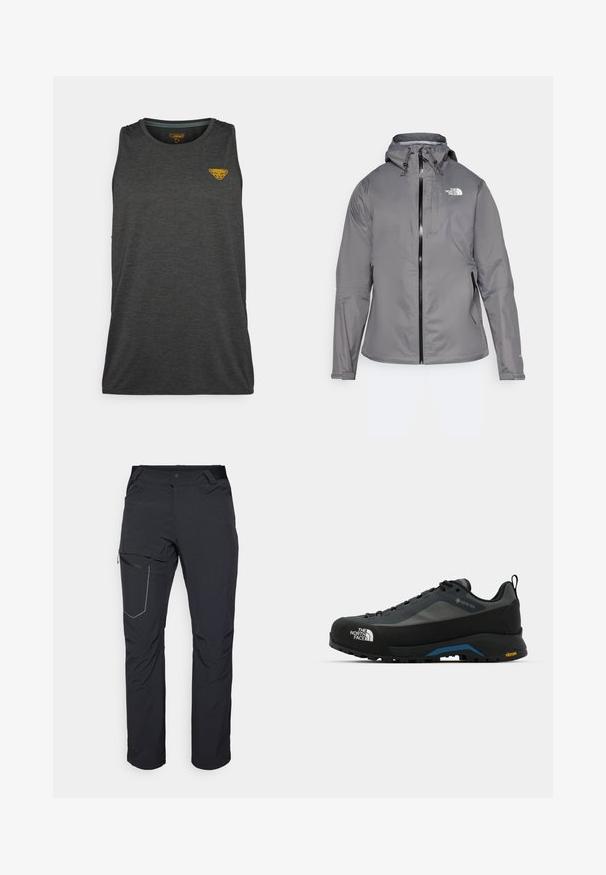 Grå vanntett jakke med hette, frontglidelås, logo på øvre venstre bryst og elastiske mansjetter. Glatt, lett stoff.; Mørk grå ermeløs treningstrøye laget av strukturert materiale. Har en liten gul logo på den øvre venstre brystområdet.; Svart utendørsbukser med en glidelåslomme på låret, elastisk midje og glatt, vannavstøtende stoff. Renslig design uten synlige logoer.; The North Face VERTO ALPINE GORE TEX - Fjellsko - asphalt grey/tnf black