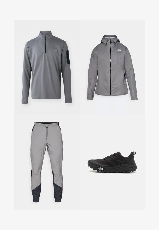 Hallhalli veekindel jakk kapuutsiga, esipöördel lukuga, logo vasakul ülemisel rinnal ja elastsete mansettidega. Sujuv, kerge kangas.; Hallide halllongiga pullover, millel on neljandik-zipp, tekstuuriga viimistlus ja must kangast pind vasakul käisel, millel on zipp.; Kergedatud hallid sportlikud püksid mustade aktsentidega. Elastne vöökoht, stringiga sulgemine, kitsenev jala disain ja küljetaskud.; Must tume jooksujalats musta värvi, tekstuurse ülemise osaga, kummist tallaga ja tugevdatud varbaga. Omab pehmendusega krae ja tõmblinti mugavaks selga panemiseks.