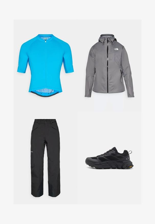 Grå vandtæt jakke med hætte, frontlynlås, logo på den øverste venstre bryst og elastiske manchetter. Glat, letvægtsstof.; Blå cykeltrøje med korte raglanærmer, glat tekstur, fuld frontlynlås og en let forlænget bagkant for beskyttelse.; Sorte vandtætte bukser med lige snit, der har lynlåslommer, forstærkede nederste kanter og en glat tekstureret overflade.; Sorte sportsko med en kraftig sål, mesh- og syntetisk overdel, teksturerede detaljer og Vibram-branding på ydersålen.
