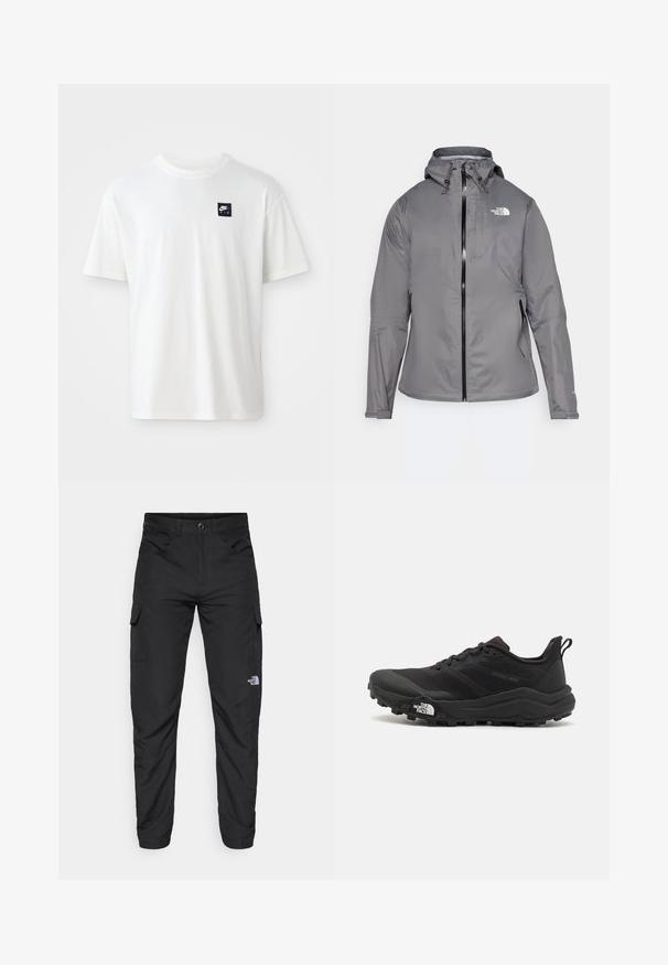 Grå vanntett jakke med hette, frontglidelås, logo på øvre venstre bryst og elastiske mansjetter. Glatt, lett stoff.; Hvit bomull t-skjorte med korte ermer og rund hals; har en liten svart rektangulær Nike Air-logo på venstre bryst.; The North Face HORIZON PANT - Friluftsbukser - black; Svart terrengløpesko med teksturert overdel, gummisåle og forsterket tåhette. Har polstret krage og løftestropp for enkel påkledning.
