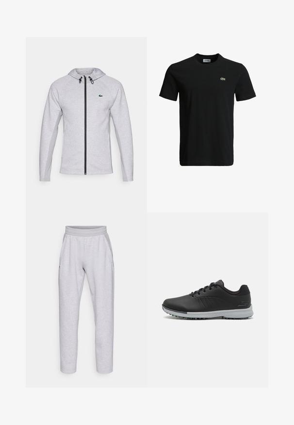 Šedá mikina s kapucňou a zipsom, vybavená čiernym zipsom a šnúrkou na stiahnutie. Textúrované bočné panely a zelené logo na hrudi dotvárajú dizajn.; Čierne bavlnené tričko s okrúhlym výstrihom, krátkymi rukávmi a malým zeleným logo krokodíla na ľavej hrudi. Hladká textúra, ležérny dizajn.; Svetlé šedé teplákové nohavice vyrobené z mäkkej tkaniny, s elastickým pásom, dvoma bočnými vreckami a zúženými nohavicami so zakončením na manžetu.; Čierne syntetické golfové topánky so štruktúrovaným zvrškom, s viazaním a šedou podrážkou s hrotmi pre lepšiu trakciu.