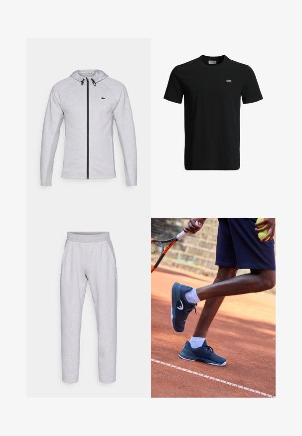 Šedá mikina s kapucí a zipem, vybavená černým zipem a šňůrkou. Texturované boční panely a zelené logo na hrudi dotvářejí design.; Černé bavlněné tričko s kulatým výstřihem, krátkými rukávy a malým zeleným krokodýlem na levé hrudi. Hladká textura, neformální design.; Světlé šedé tepláky vyrobené z měkkého materiálu, s elastickým pasem, dvěma bočními kapsami a zúženými nohavicemi s manžetami.; Tmavě modré tenisové boty s bílými akcenty, s texturovaným povrchem a podpůrným designem, kombinované s bílými ponožkami a černými šortkami na antuce.